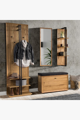 Előszobabútor tölgyfa előszobai cipőtartóval, tükrös, polcos szett